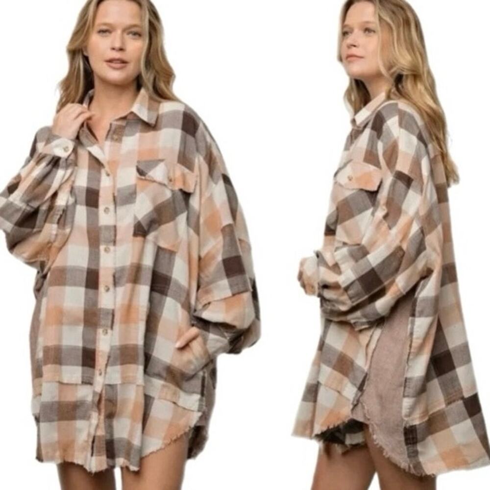 Easel Plaid Mocha Latte Oversized Boho Cotton Tunic Shirt Dress Size M